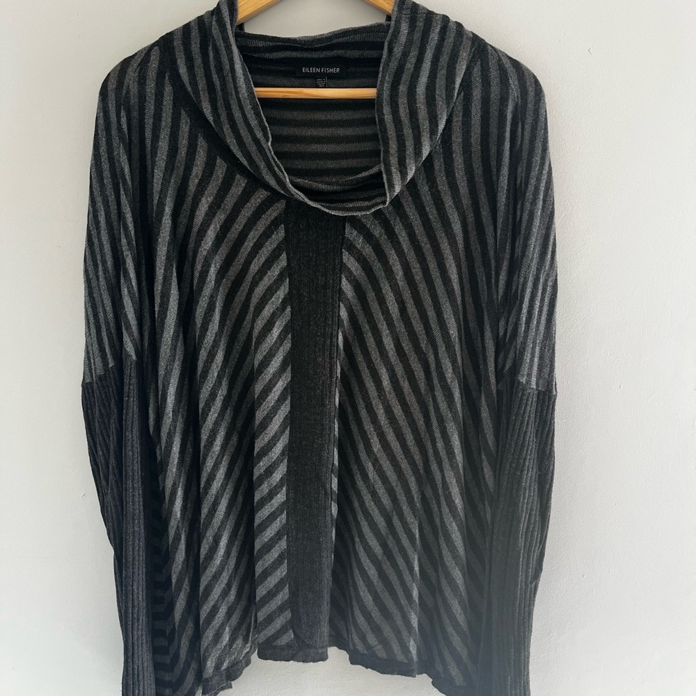 Eileen Fisher Black and Gray Striped Cowl Neck Sweater